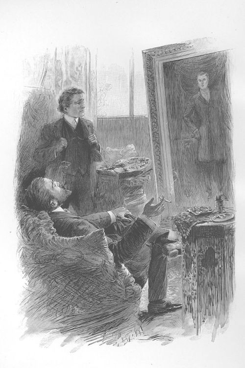 The painter Basil Hallward and the aristocrat Lord Henry Wotton observe the picture of Dorian Gray